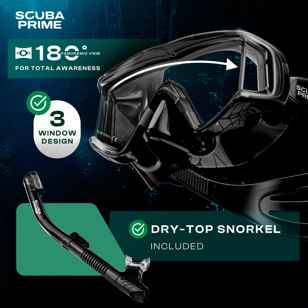 Scuba Prime Pano 3 Panoramic Dive Mask and Dry Snorkel Set