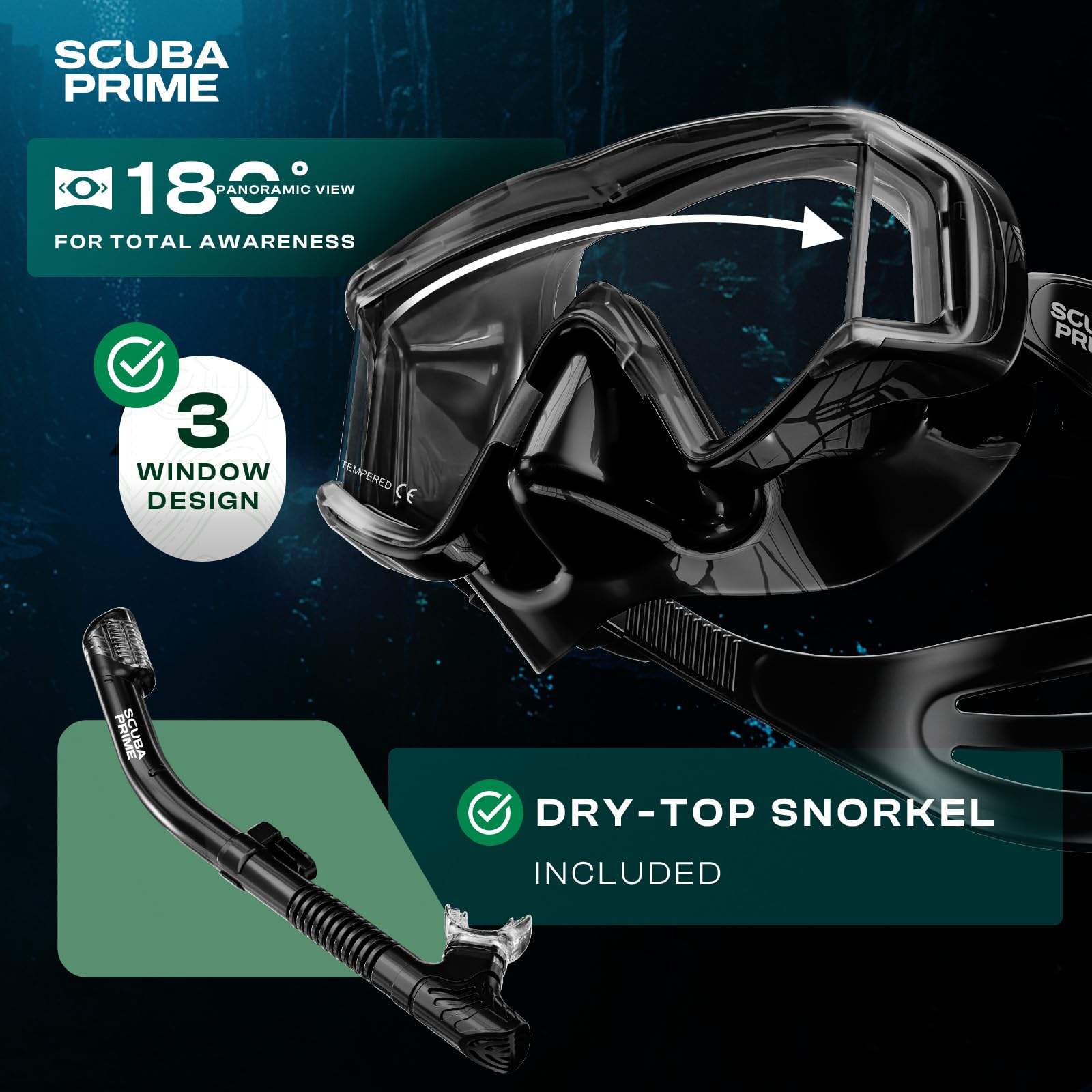 Scuba Prime Pano 3 Panoramic Dive Mask and Dry Snorkel Set