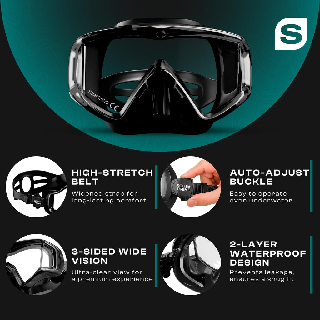 Scuba Prime Pano 3 Panoramic Dive Mask and Dry Snorkel Set