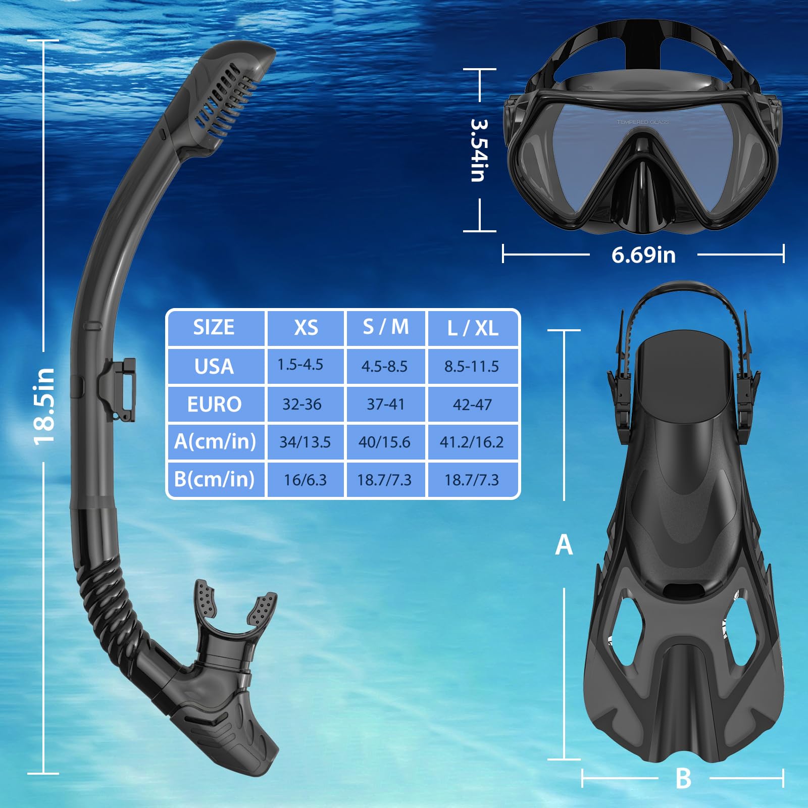 Adult Dry-Top Snorkel Set with Mask, Fins and Travel Bag