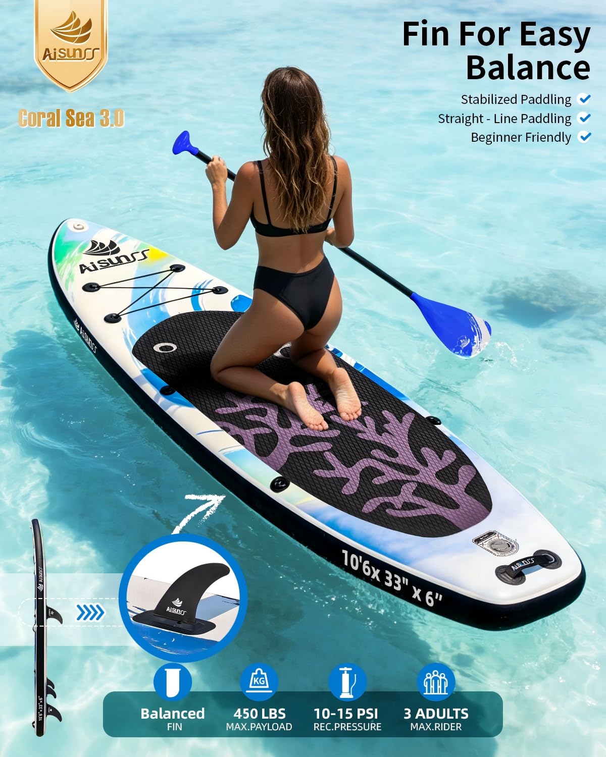 AISUNSS Wide Inflatable SUP Board with Complete Accessories