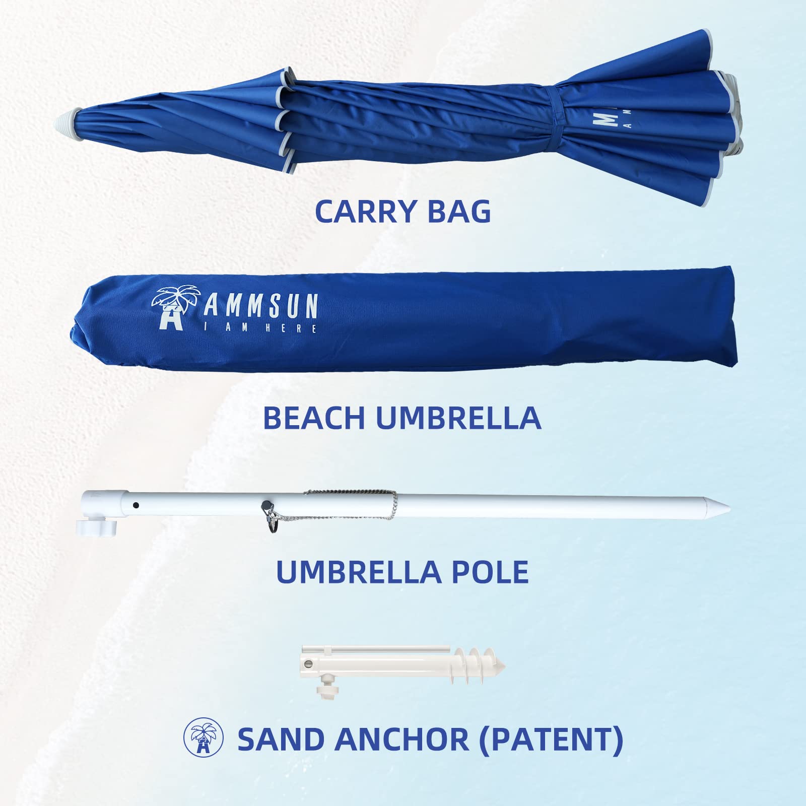 AMMSUN 8-Foot UV 50+ Beach Umbrella with Sand Anchor