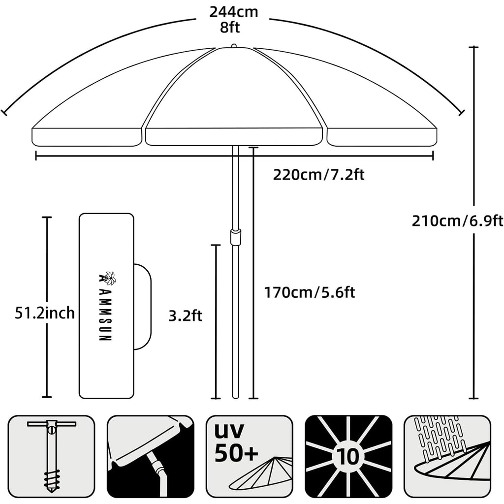 AMMSUN 8-Foot UV 50+ Beach Umbrella with Sand Anchor