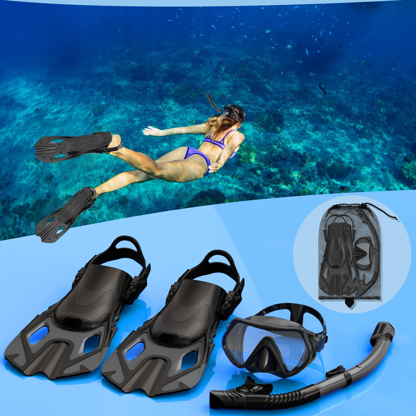 Adult Dry-Top Snorkel Set with Mask, Fins and Travel Bag