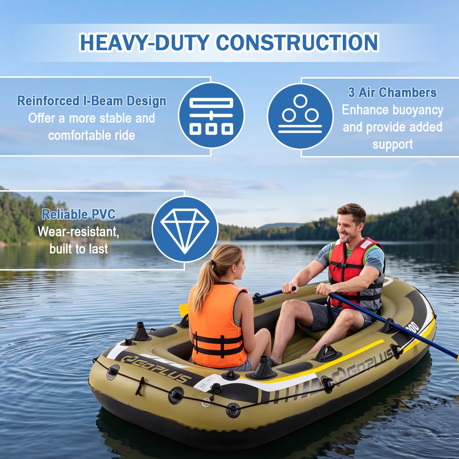 Goplus 3-Person Heavy-Duty Inflatable Fishing Raft Set