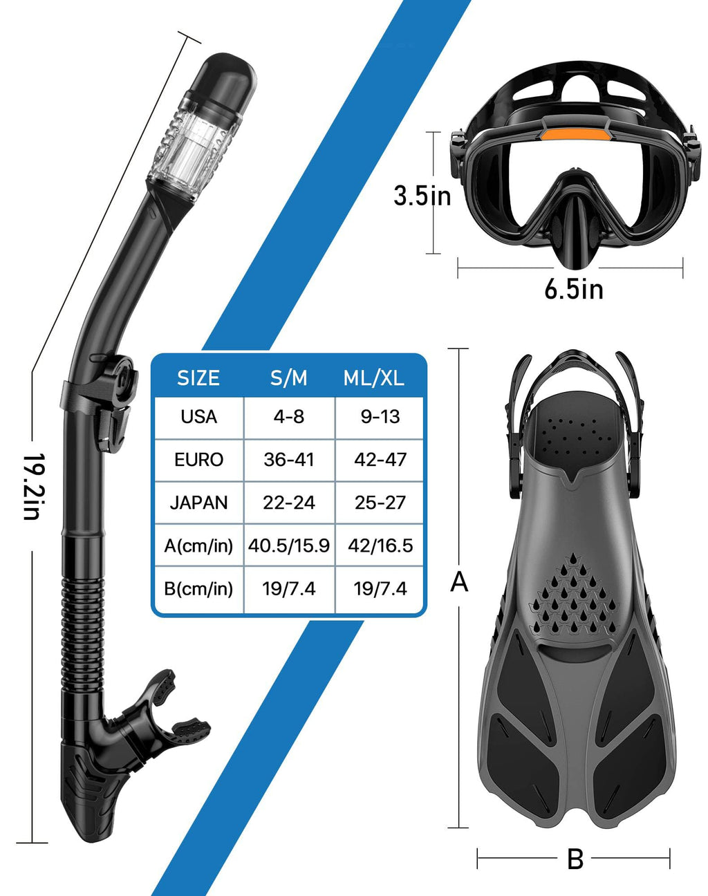 Ubekezele 4-in-1 Adult Snorkel Set with Fins and Bag