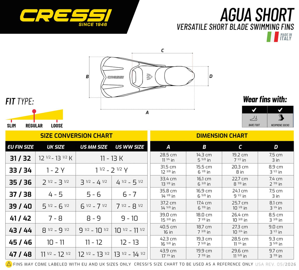 Cressi Agua Short Full-Foot Travel Swim Fins for Adults