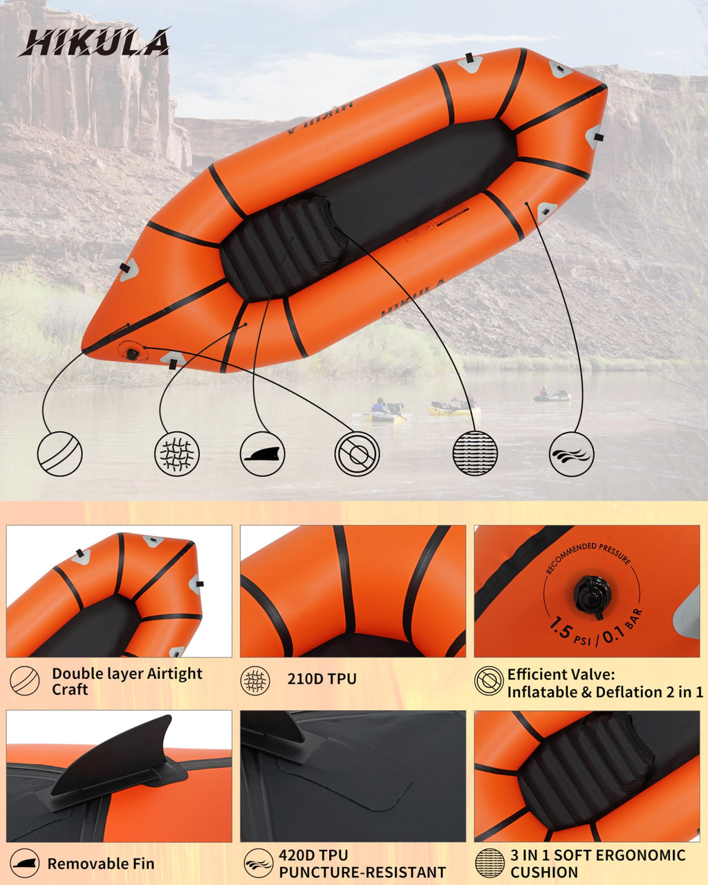 HIKULA Lightweight TPU Inflatable Packraft for Adults and Kids