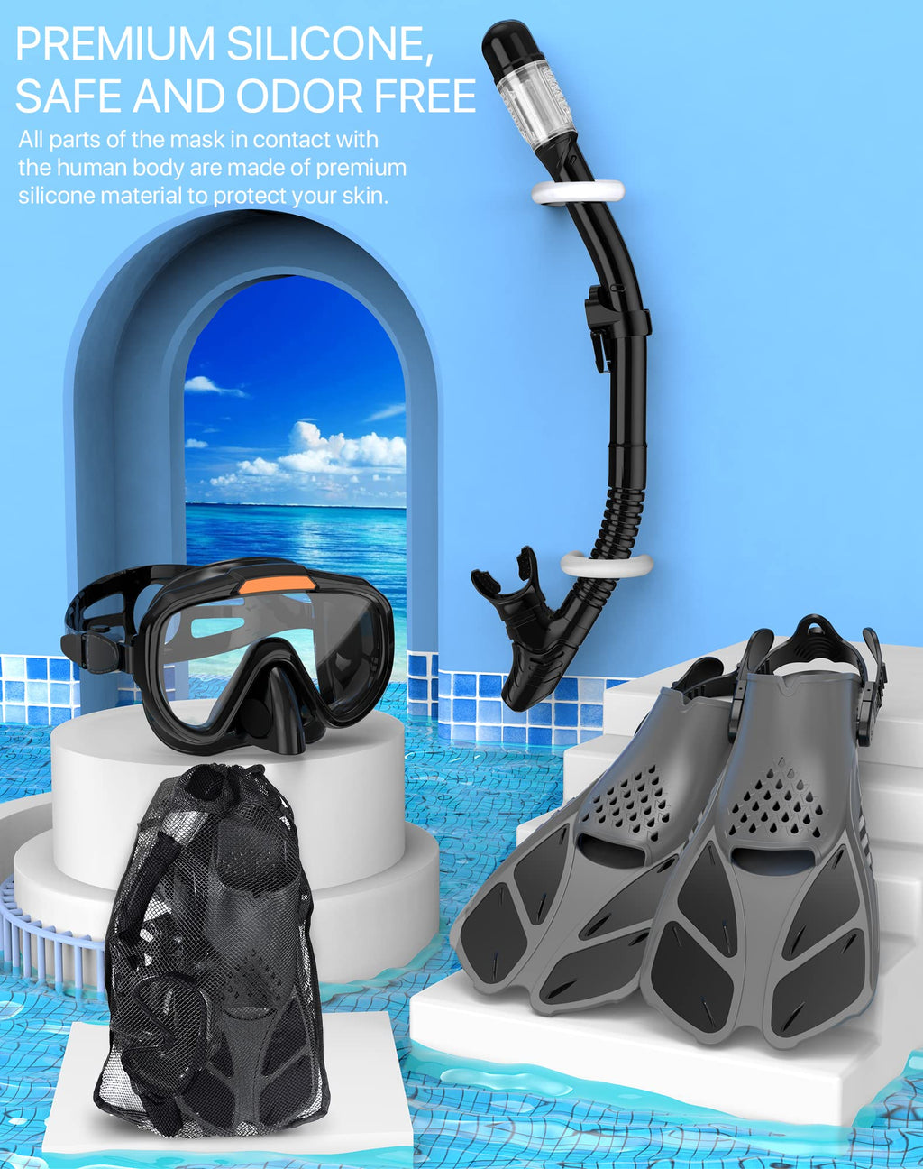 Ubekezele 4-in-1 Adult Snorkel Set with Fins and Bag