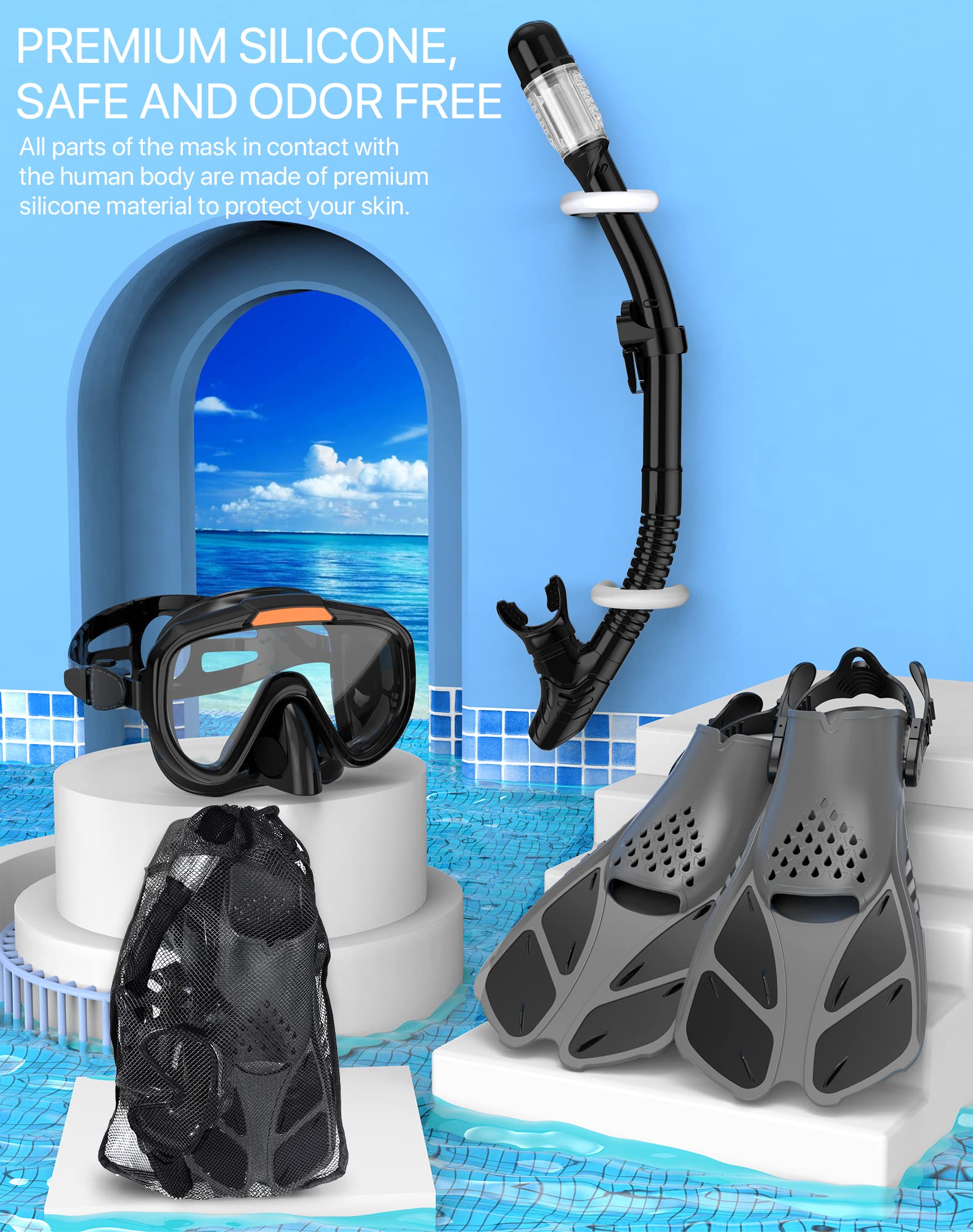Ubekezele 4-in-1 Adult Snorkel Set with Fins and Bag