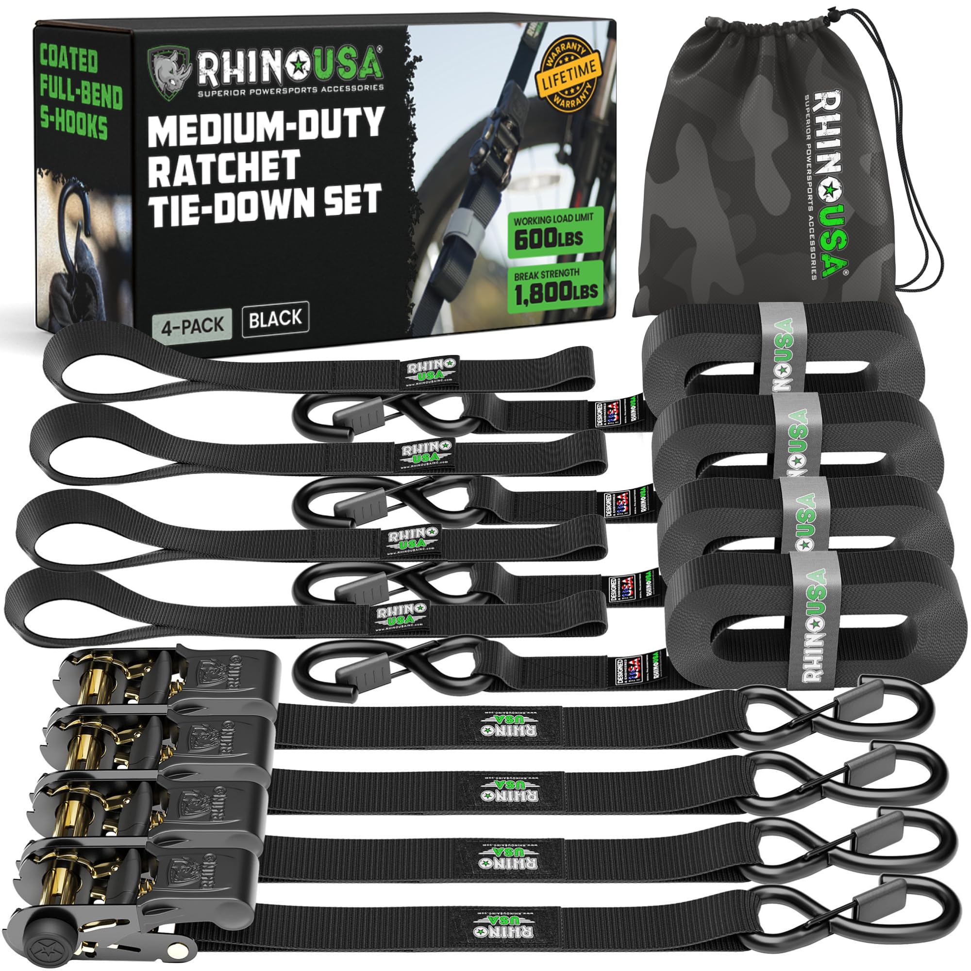 RHINO USA 4-Pack 15-Foot Ratchet Tie-Down Straps