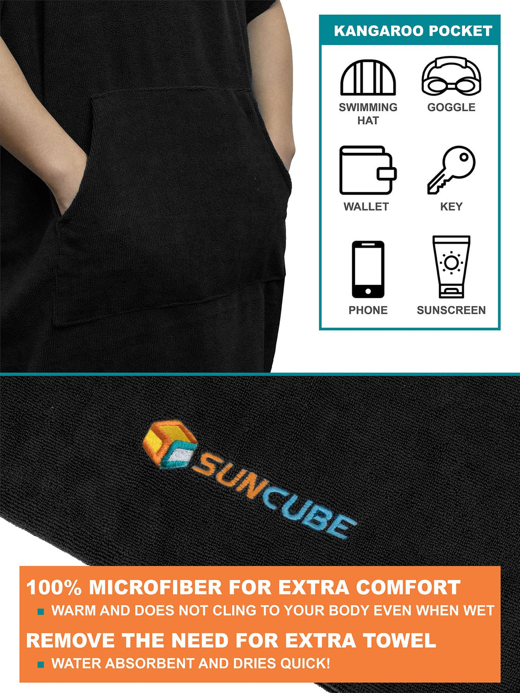 SUN CUBE Hooded Microfiber Surf Changing Poncho Robe