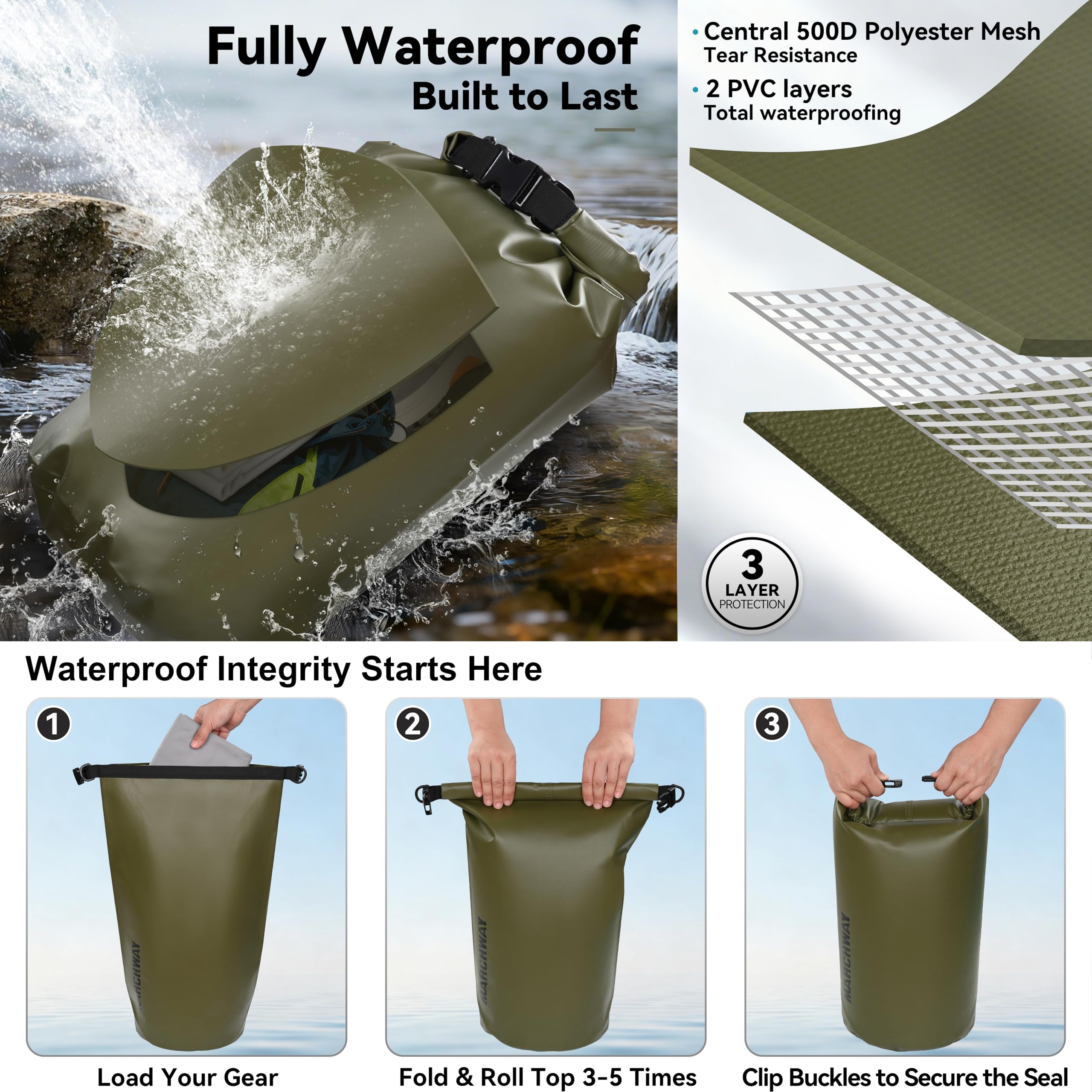 MARCHWAY Waterproof Roll-Top Dry Bag Backpack