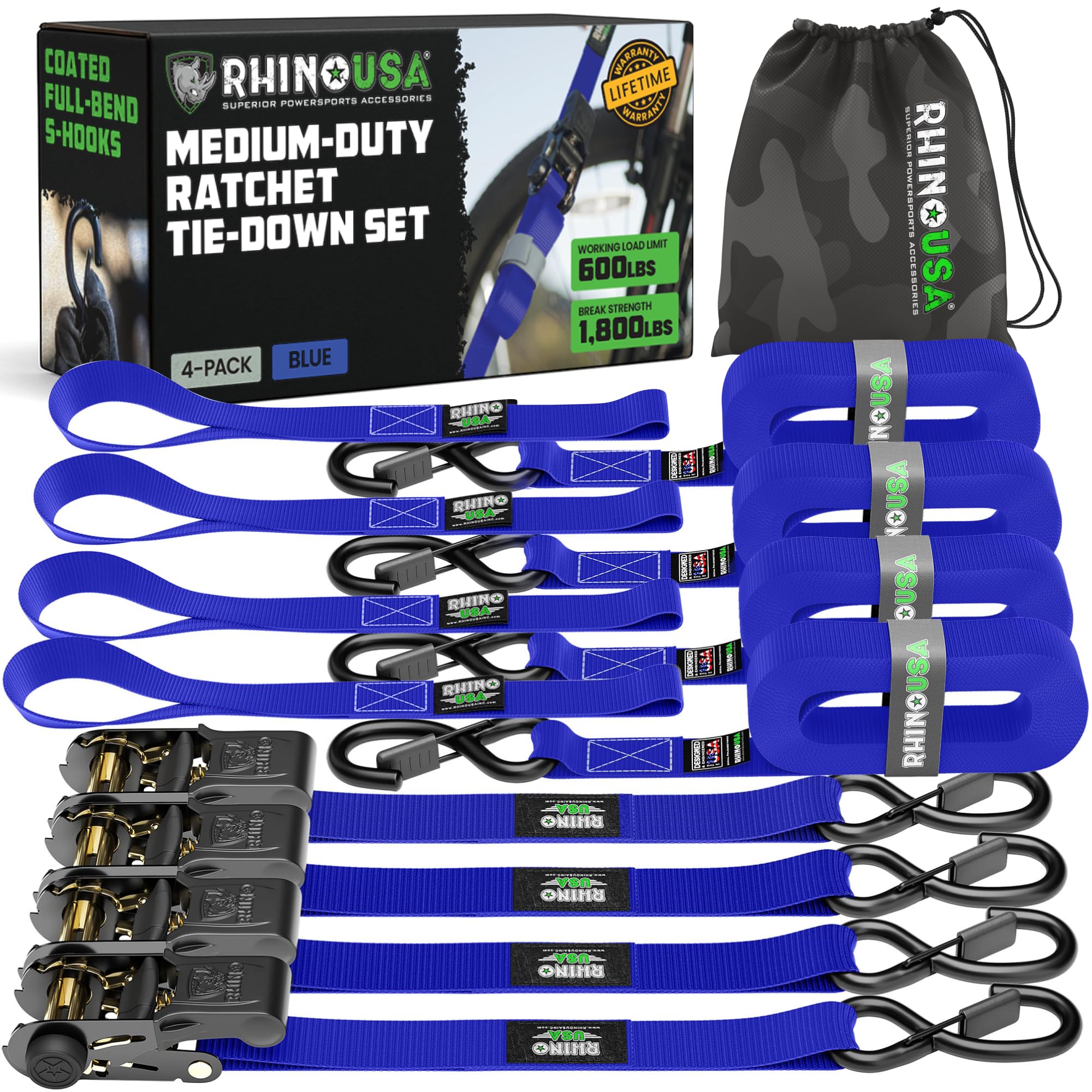 RHINO USA 4-Pack 15-Foot Ratchet Tie-Down Straps