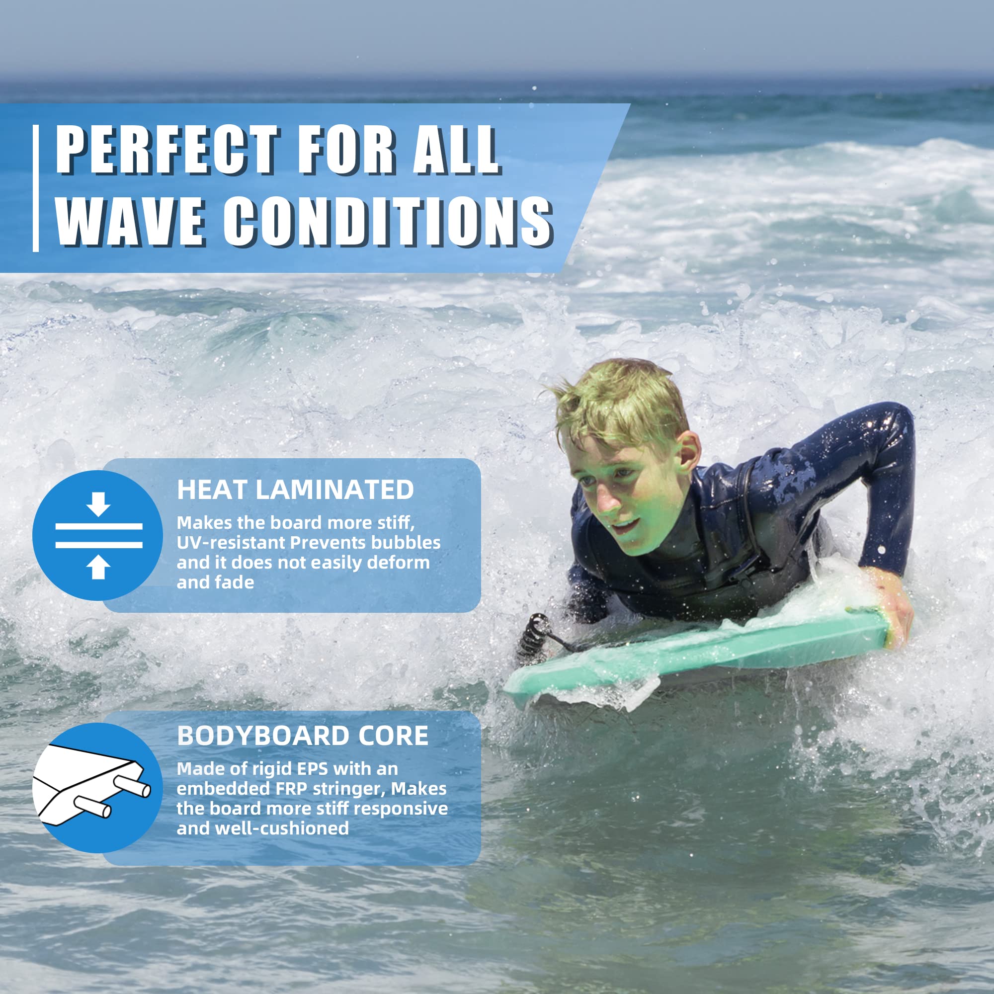 CONTOUR SURF Reed 33-Inch Kids Bodyboard with Leash