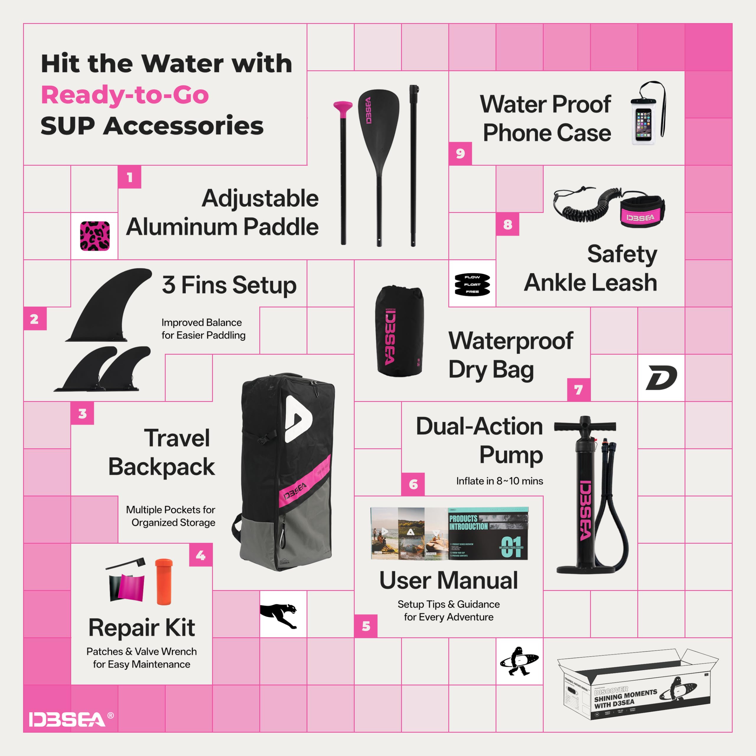 D3SEA Extra-Wide Inflatable SUP Board with Accessories