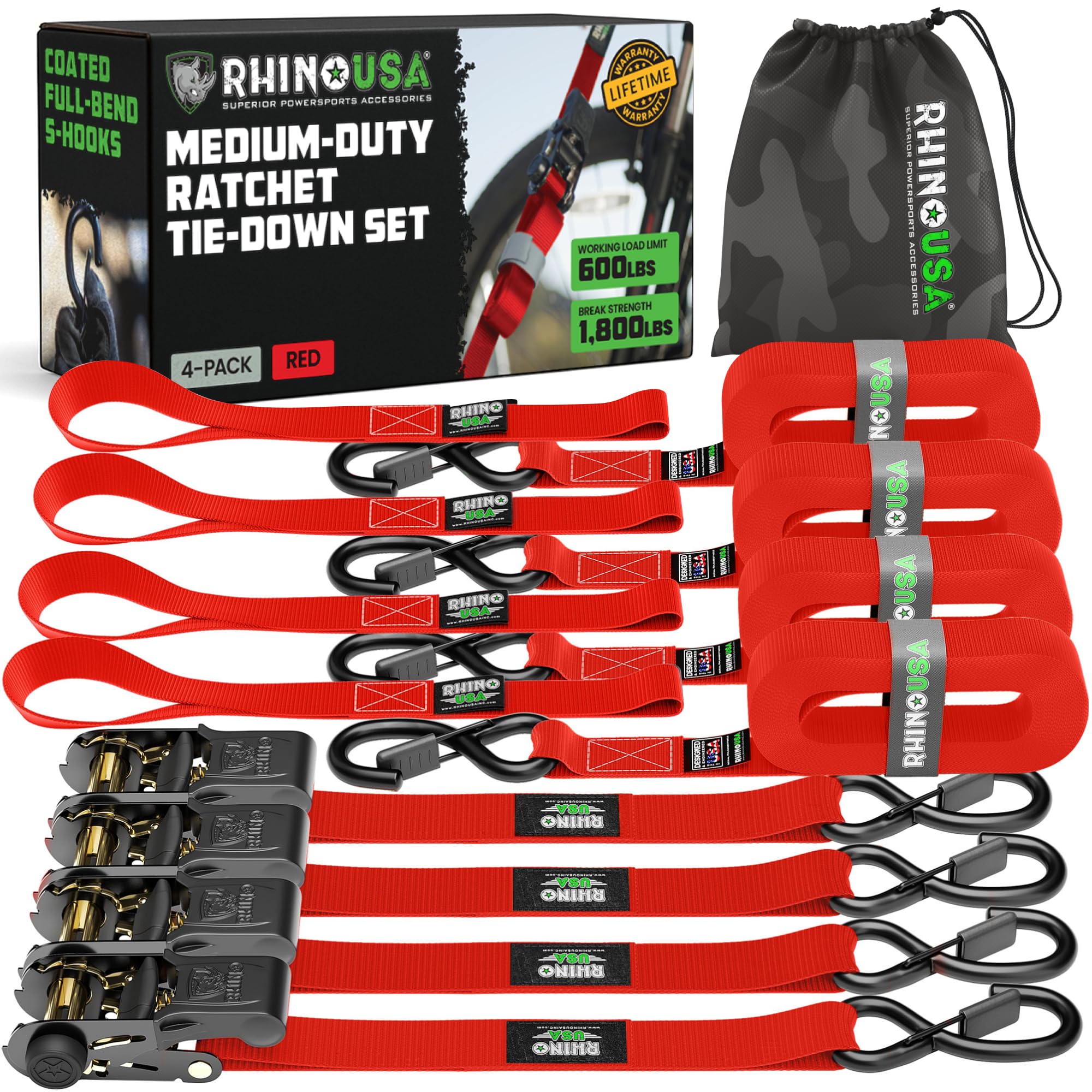 RHINO USA 4-Pack 15-Foot Ratchet Tie-Down Straps