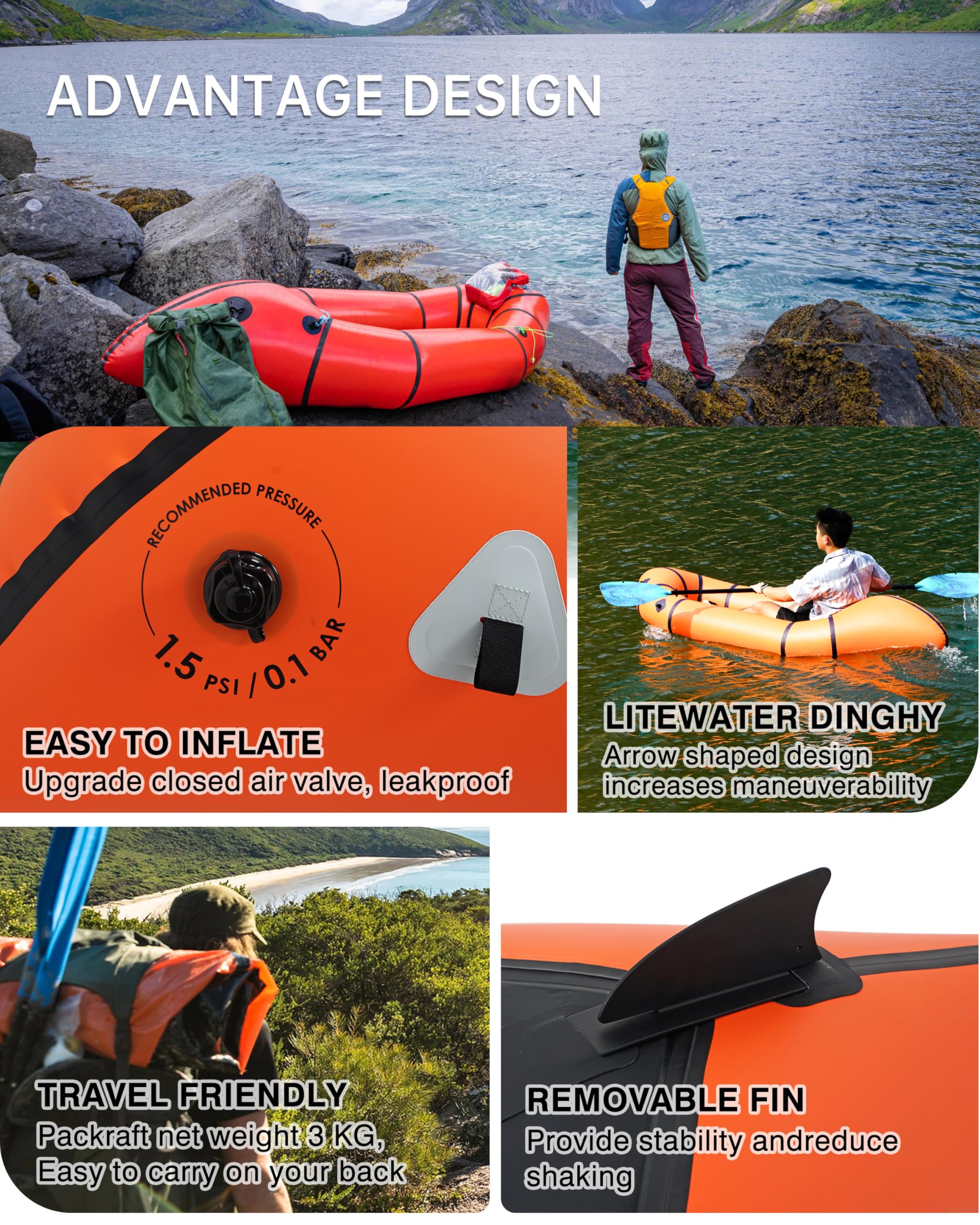 HIKULA Lightweight TPU Inflatable Packraft for Adults and Kids